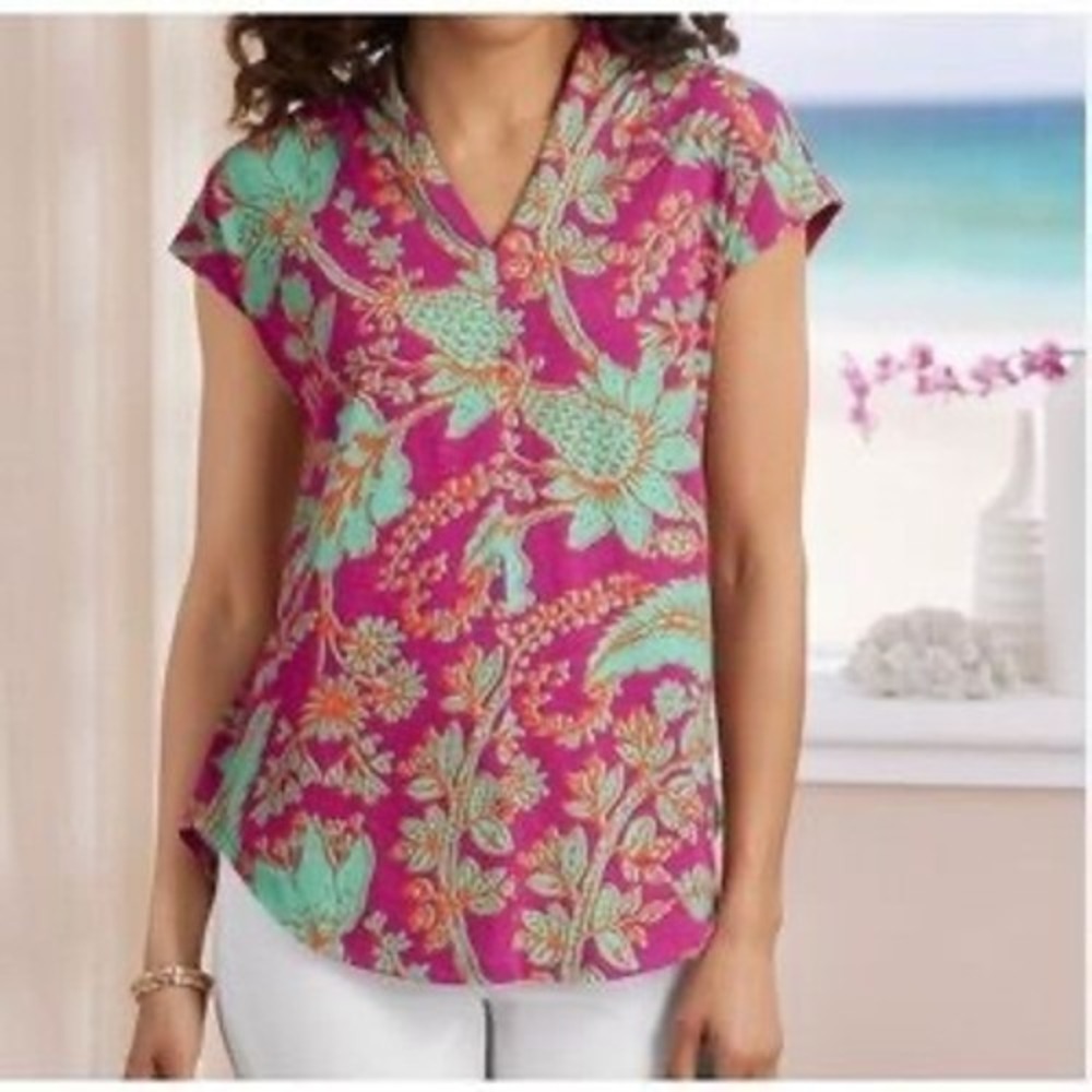 Soft Surroundings Top Womens Sz XL Pink Floral V-Neck Cap Sleeve Blouse